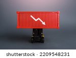 Small photo of Red shipping container with down arrow. Decrease in imports and exports of goods. Trade traffic decreasing. Production fall. Lowering transportation prices. Decline in profits. Low shipping rates.