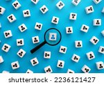 Small photo of Magnifying glass and highlighted person. Select and recruit. HR search for new employees for the job position. Human resources and the labor market. Identification. Search for a donor.
