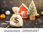Dollars money bag on the background of a Christmas tree, house and snow. Accumulating money and planning a budget. Business and finance. Loans, deposit, credit. Promotions, offers. Xmas winter holiday