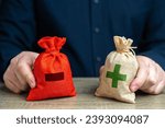 Small photo of Pros and cons in to bags to compare. Risk planning. Advantages and disadvantages. Evaluating profit and losses. Make a choice despite on benefits and drawbacks. Pluses and minuses for questions.