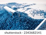 Small photo of White plastic grain, plastic polymer granules,hand hold Polymer pellets, Raw materials for making water pipes, Plastics from petrochemicals and compound extrusion, resin from plant polyethylene.