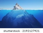 Beautiful iceberg with a hidden mountain in the sea with a view underwater. Hidden danger, concept. Tip of the iceberg. Creative idea. Blue color.