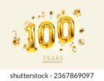 Small photo of Gold Balloons 100 with golden gifts, confetti, stars and a mirrored balloon on a beige background with sparkles and bokeh lights. One hundred years Anniversary, creative idea. Luxury Card