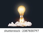 Creative light bulb rocket with blast and clouds takes off on a dark background, concept. Successful launch start up, creative idea. Think differently. Creative generator. Smart and thinking