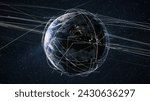 Small photo of Beautiful blue planet Earth with satellites and trajectory lines in starry space. Planet Earth with the light of the night cities of Europe and the movement of the earth's satellites