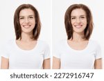 Before after hair lift styling treatmant. Before-after woman Volume hair. Beauty salon care. Short type of haircut. Barber shine cosmetics