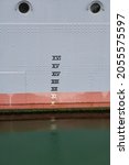 Small photo of Plimsoll line or load line on the side hull of a ship