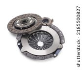 Small photo of Clutch basket and disc of manual gearbox car isolated on white background. Car clutch repair kit. Automotive spare parts.