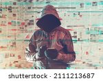 Hooded hacker person using smartphone in infodemic concept with digital glitch effect