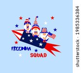 Patriotic gnomes on rocket, funny quote Freedom squad. 4th of july concept with american flag, popcorn, fireworks, stars. Vector illustration. Independence day T shirt print, typographic poster