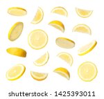Set of flying cut fresh juicy lemon on white background