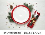 Christmas table setting on white background, flat lay