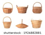 Set with different wicker baskets on white background