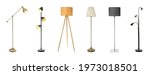 Set with different stylish floor lamps on white background. Banner design 