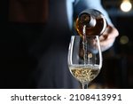 Bartender pouring white wine from bottle into glass indoors, closeup. Space for text