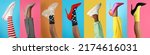 Small photo of Collage with photos of women showing fashionable collections of stylish shoes, tights and socks on different color backgrounds, closeup view of legs. Banner design