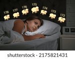 Small photo of Young woman trying to fall asleep counting sheep in bed at night