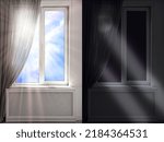 Beautiful view of sky through windows in day and night, collage