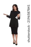 Small photo of Full length portrait of hostess in uniform with tablet on white background