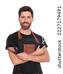 Small photo of Smiling hairdresser holding combs and scissors on white background