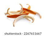 Pile of dry orange peels on white background