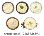 Small photo of Set of bowls with tartar sauce on white background, top view