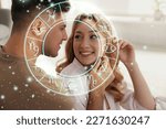 Horoscope compatibility. Loving couple indoors and zodiac wheel