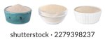 Small photo of Collage with dry yeast in bowls on white background. Leavening agent