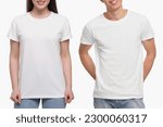 People wearing casual t-shirts on white background, closeup. Mockup for design