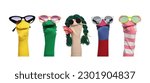 Small photo of Many colorful sock puppets on white background, collage design