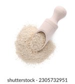 Small photo of Brewer's yeast flakes and scoop isolated on white, top view