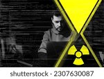 Small photo of Nuclear deterrence. Hacker using computer in darkness, source code and illustration of hourglass with warning radiation symbol