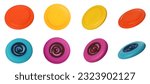Small photo of Set of colorful frisbees on white background