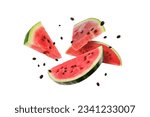 Slices of fresh juicy watermelon falling on white background