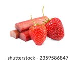 Small photo of Stalks of fresh rhubarb and strawberries isolated on white