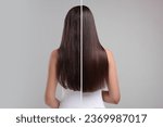 Small photo of Photo of woman divided into halves before and after hair treatment on grey background, back view