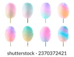 Set of different cotton candy on sticks isolated on white