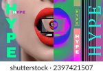 Small photo of Hype, creative artwork. Woman with red lips holding monitor in mouth, recursion effect