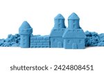 Small photo of Castle made of blue kinetic sand isolated on white