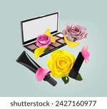Small photo of Different makeup products and beautiful roses in air on light greyish blue background