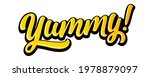 Yummy text doodle for tasty delicious food, yum vector text logo. Yummy lettering cartoon for delicious tasty or yum licking food