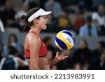 Small photo of Kelly Cheng and Betsi Flint of USA during the volleyball Beach Pro Tour Elite 16, at Roland-Garros stadium, in Paris, France on October, 1, 2022.