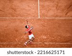 Small photo of Novak Djokovic of Serbia serves during the French Open (Roland-Garros) 2022, Grand Slam tennis tournament on May 25, 2022 at Roland-Garros stadium in Paris, France.