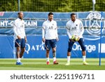 Small photo of Neymar Jr. of PSG, Lionel Messi of PSG and Kylian Mbappe of PSG during a training session at the Camp des Loges, in Saint-Germain-en-Laye, France on August 28, 2021.