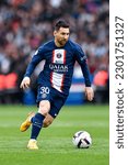 Small photo of Leo Lionel Messi during the Ligue 1 football match between FC Lorient and Paris Saint Germain (PSG) on April 30, 2023 at Parc des Princes stadium in Paris, France.