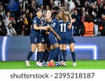 Small photo of Elisa De Almeida Grace Geyoro and PSG team players celebrate a goal during the Women's Champions League football match PSG VS Manchester United in Paris, France on October 18, 2023.