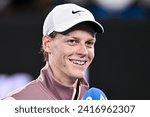 Small photo of Jannik Sinner during an interview during the Australian Open 2024 Grand Slam tennis tournament on January 23, 2024 at Melbourne Park in Melbourne, Australia.
