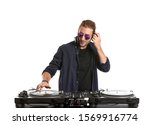 Male dj playing music on white background