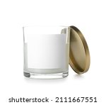 Small photo of Glass holder with scented candle isolated on white background