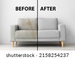 Sofa before and after dry-cleaning in room